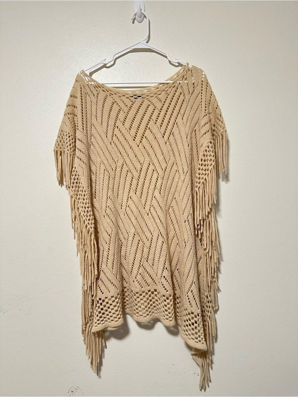 Vintage Acrylic Beige Open-Knit Fringe Poncho Sweater - Women